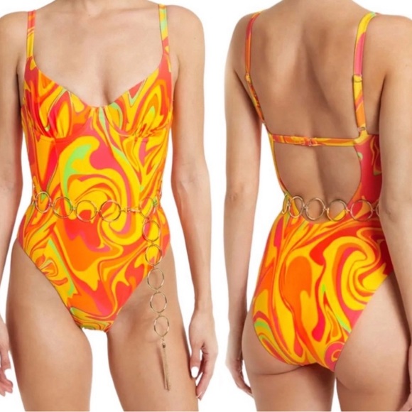 WeWoreWhat NWT Danielle 3.0 One Piece Swimsuit Retro Swirl Cherry Red Multi XS - Picture 2 of 12